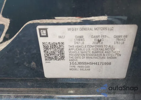 2017 Chevrolet Sonic Ls Auto из США, поврежденный, VIN 1G1JB5SH5H4171998